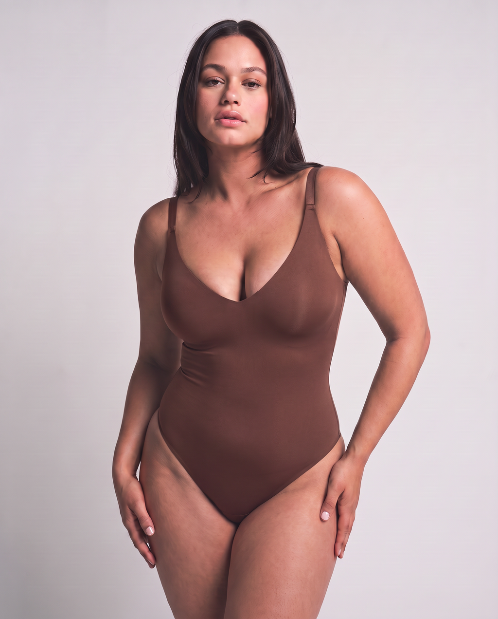 Toffee — The Sculpting Plunge Bodysuit, color:Chocolate