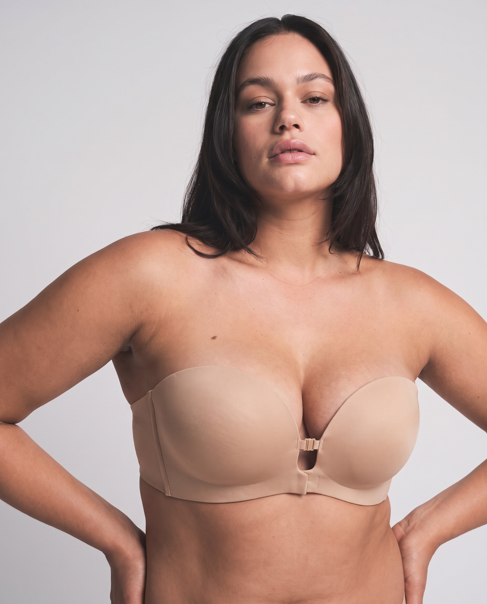 Cherry — The Strapless Invisible Push-Up Bra on model, color:Beige