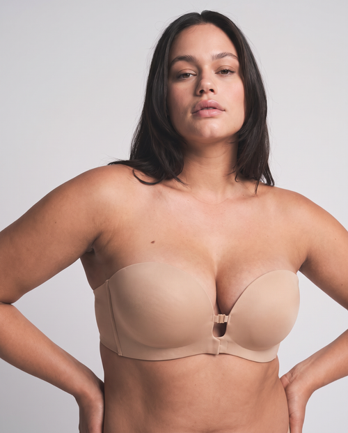 Cherry — The Strapless Invisible Push-Up Bra on model, color:Beige